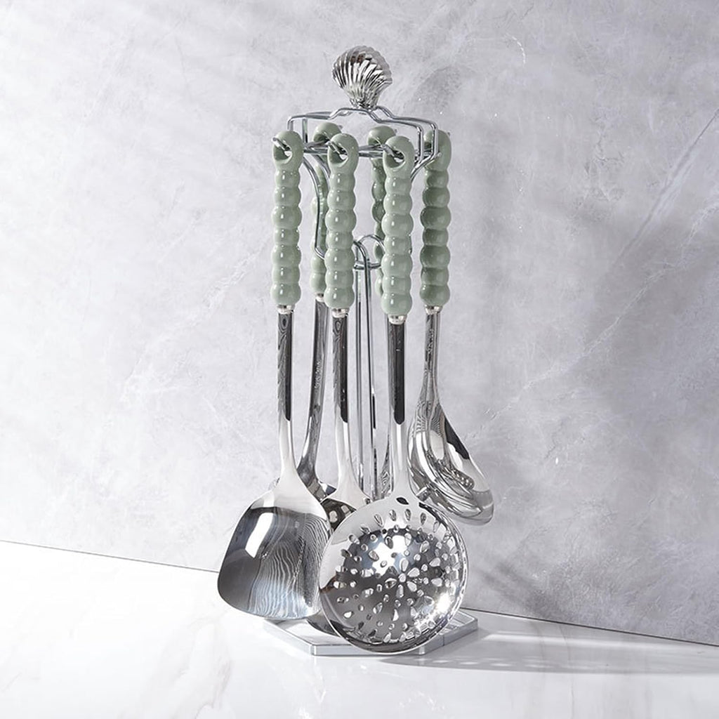 Stainless Steel Kitchenware Seven Pieces Set with Hanging Holder Ceramic Handle Kitchenware Cooking Utensils Set Dishwasher Safe Metal Kitchen Utensils Set BPA Free, Avocado