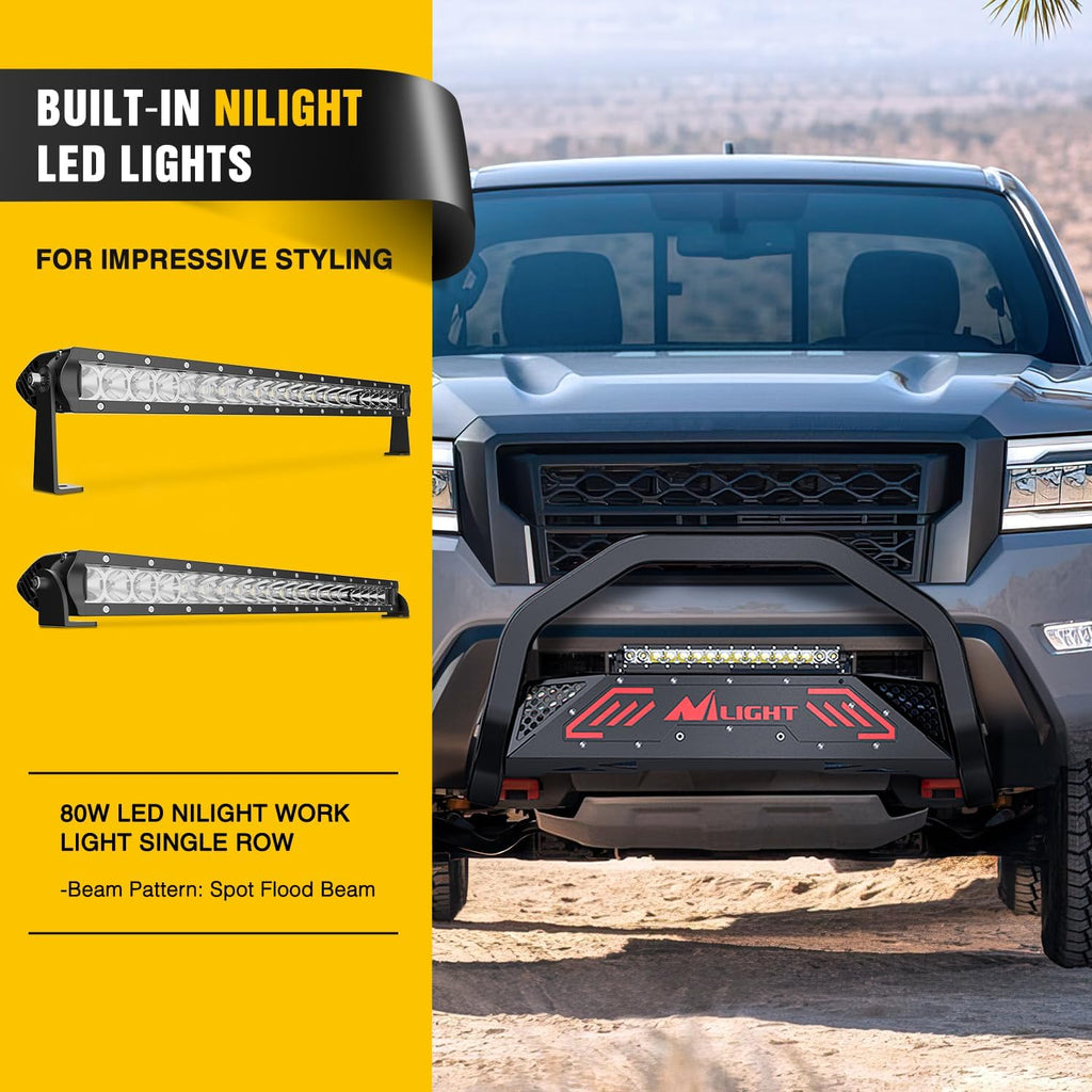 Nilight Bull Bar with Light Compatible with Nissan Frontier 2005-2021 (Tow Hooks Must be Removed) Front Bumper Grille Brush Push Guard with Skid Plate Licence Hole Black