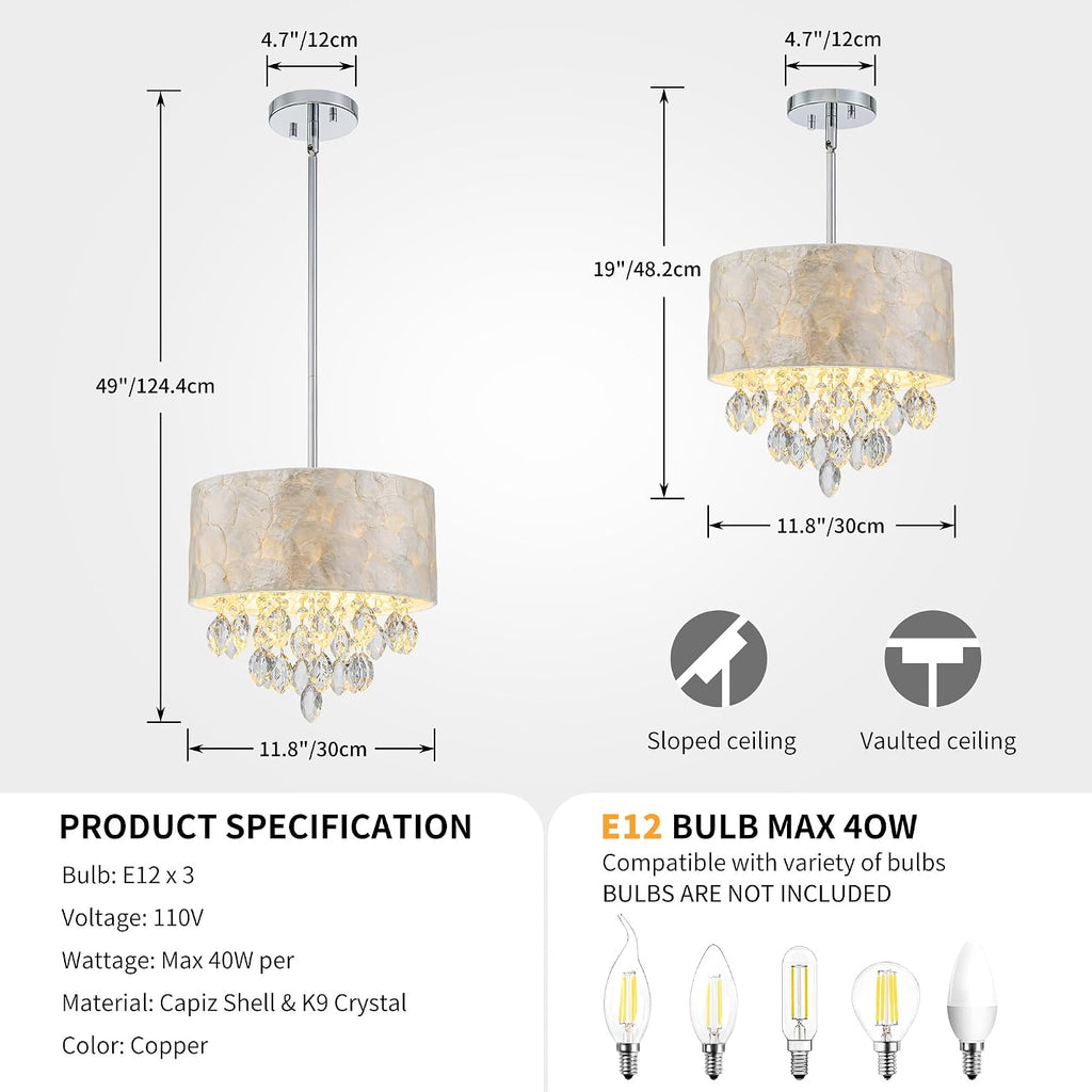 3-Light Drum Capiz Shell K9 Crystal Chandelier, Coastal Style Pendant Light Fixture for Dining Room, Living Room, D12 * H19~49 inch (Adjustable), Clear Crystal & Chrome Finish Frame