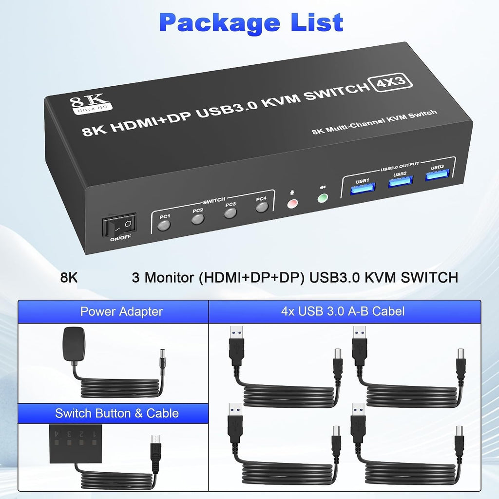 8K USB3.0 KVM Switch 3 Monitors 4 Computers, 2 DisplayPort +1 HDMI Triple Monitor for 4PC with Audio and 3 USB 3.0(AU Power Adapter)