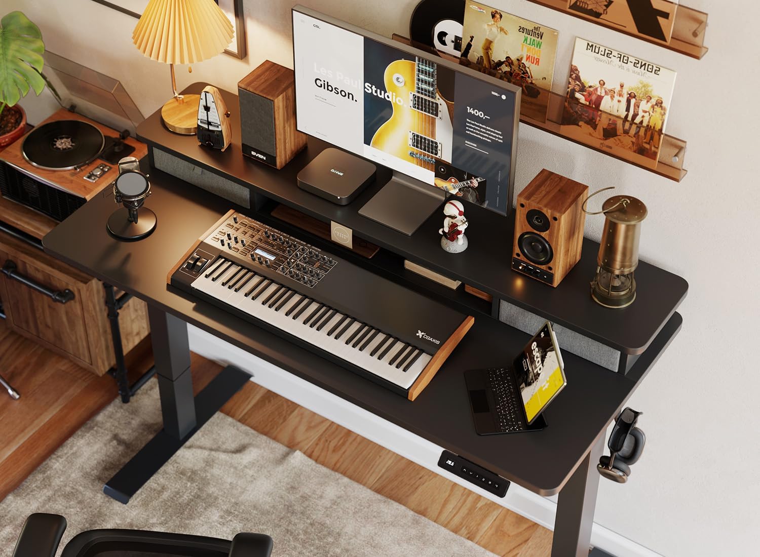 BANTI 48x24 Inch Electric Standing Desk with Dual Drawers, Height Adjustable Stand Up Table, Sit Stand Home Office Desk with Storage Shelf, Black Frame/Black Top