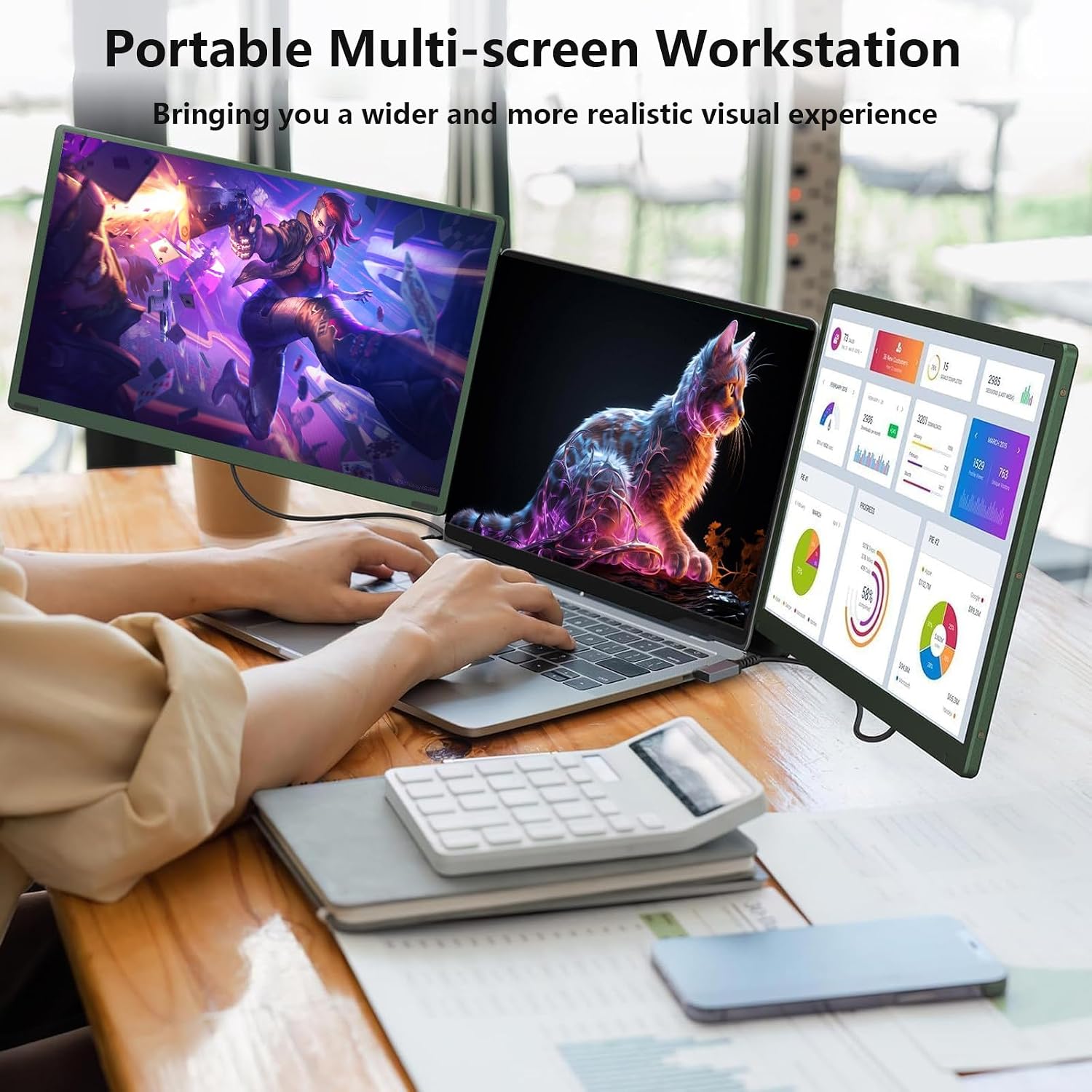 Laptop Multi-Screen Extender,/15.6' 1080P FHD IPS Dual Portable Monitor, Compatible with 12' -16' Laptops,USB-C ，for Remote Work, Traders, Programmers（Easy to Use）