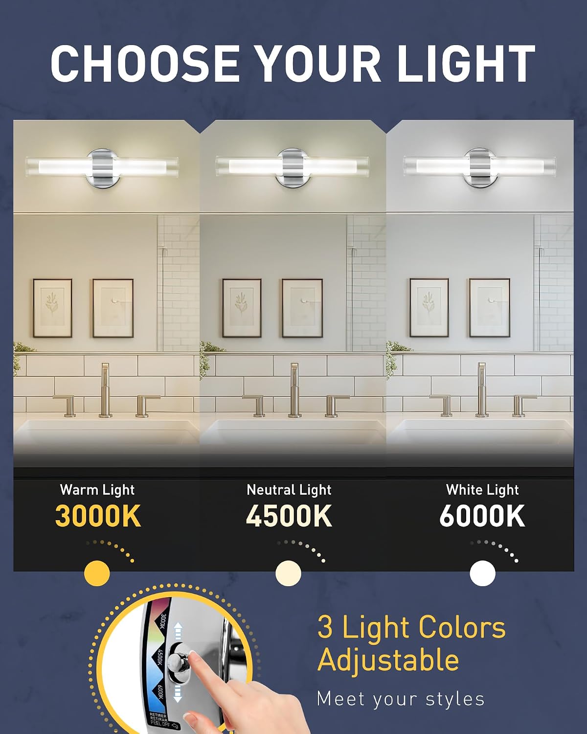 kudos Brushed Nickel Modern Sconces Wall Lighting, Bathroom sconces Set of 2 with Clear Glass and Frosted Glass, Modern LED Vanity Light for Bathroom, 3000K/4500K/6000K Adjustable,KDVL06-BN-2-2PK