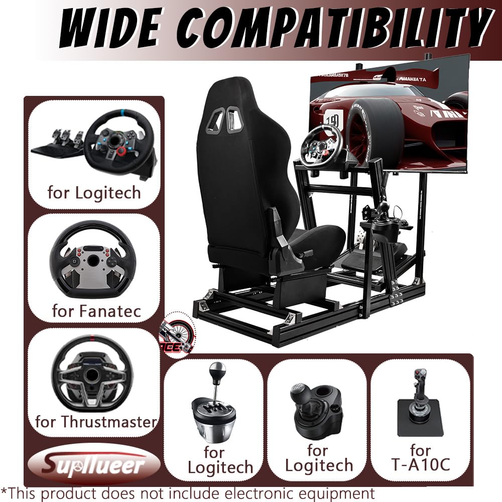Supllueer Racing Simulator Cockpit with Monitor Stand Racing Seat Fit for Logitech GPRO G29 G920, for Thrustmaster, for Fanatec, Aluminum Steering Wheel Stand No TV Steering Wheel Pedal Shifter