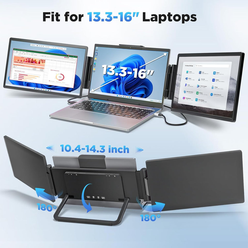 Laptop Screen Extender Monitor Portable, 14' 1200P Triple Screen Laptop Monitor Extender, 16:10 FHD IPS Laptop Monitor Extender Type-C/HDMI Plug & Play Laptop Extension for Mac/Wins/Android/Chrome