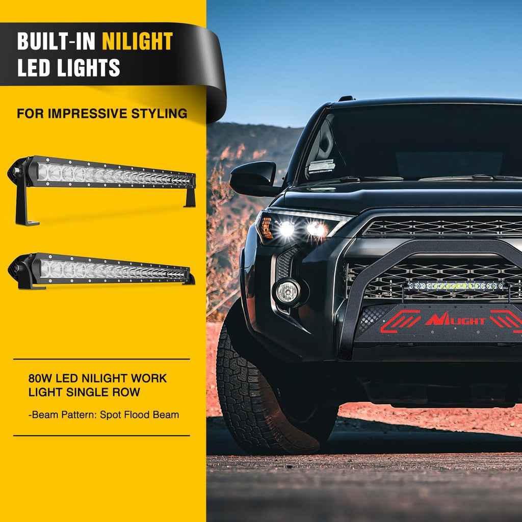 Nilight Bull Bar with Light Bar&License Plate Hole Compatible with Toyota 4Runner 2010-2024 Truck Brush Guard, Front Bumper Push Bar w/Grille Skid Plate Light Mount