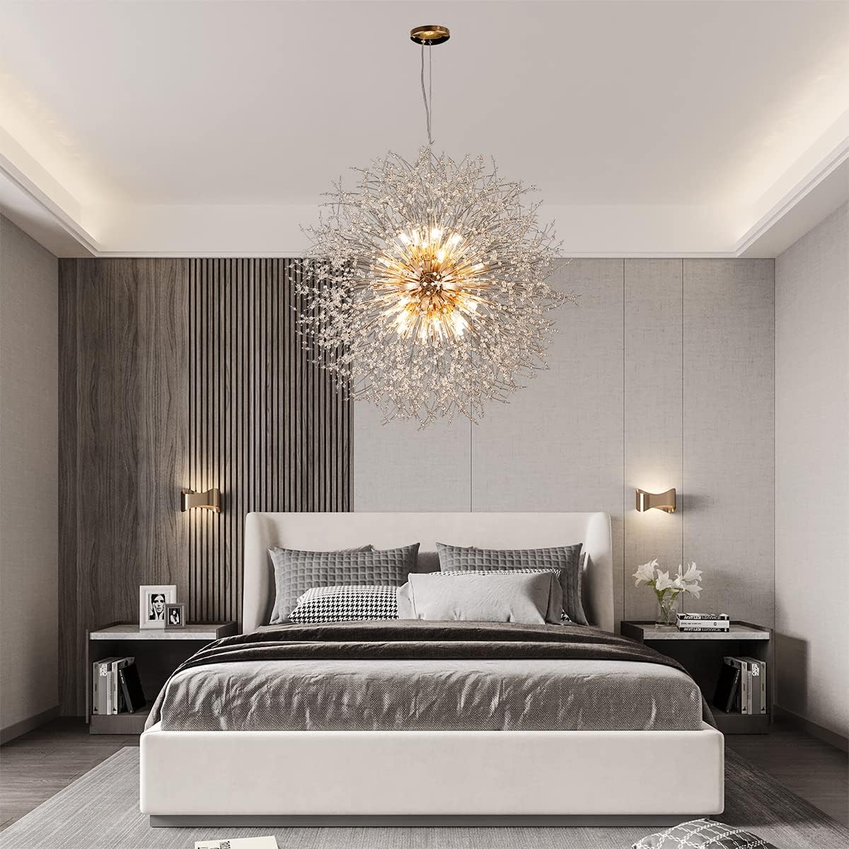 Gold Crystal Chandeliers Dandelion, 31.4' Steel Firework Chandelier Large Lighting, 16-Light Modern Sputnik Pendant Light Fixture for Living Room Bedroom