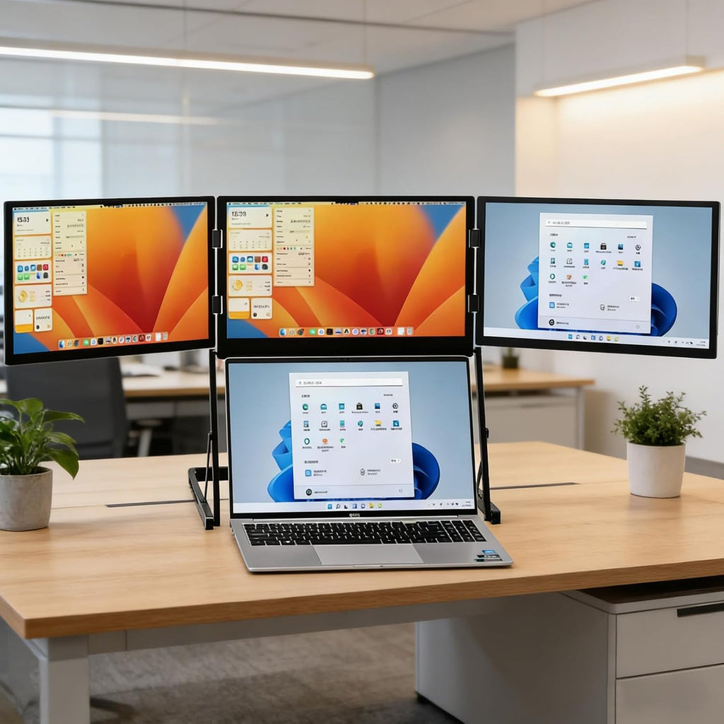 Professional Triple Laptop Monitor Extender, 15.6' 1080P Portable Foldable Display, Adjustable Height, Speakers Included