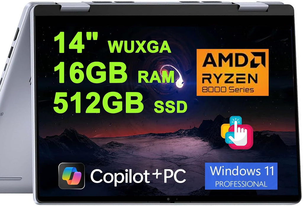Dell Inspiron 14 7445 2-in-1 Laptop 14' WUXGA Comfortview Touchscreen AMD 6-core Ryzen 5 8640HS (>i7-1355U) 16GB RAM 512GB SSD Backlit for Creator Business Professional Win11Pro