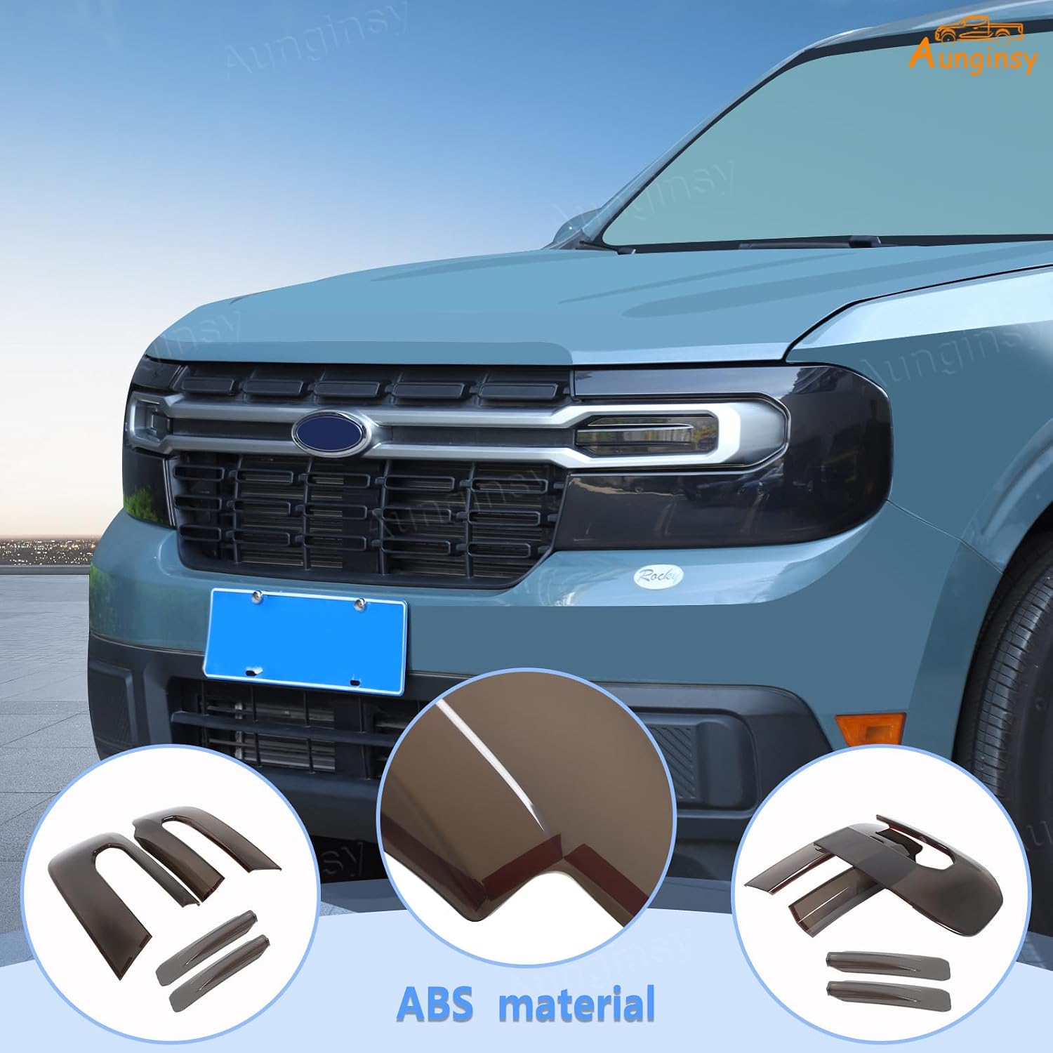 Aunginsy Car Front Headlight Trim Cover Kit Compatible with Ford Maverick 2022-2024 with Front Turn Signal Light Len Shell Shade Smoked Black Headlight Frame Bezels Protector ABS Exterior Accessories