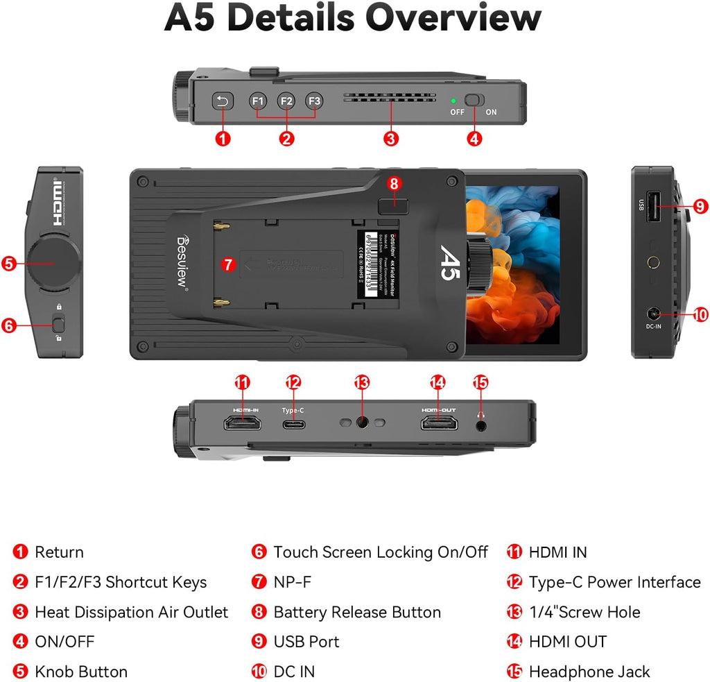 Desview 5.5'' 4K HDMI HDR Camera Field Monitor with IPS Touchscreen & 3D LUT, External DSLR Monitor for Filming or Studio Shooting (Battery Not Included)