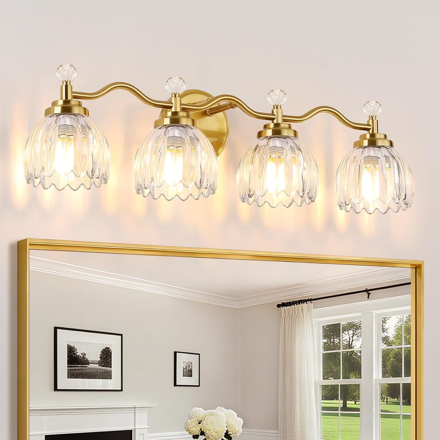 4-Light Bathroom Light Fixtures, Vanity Lights for Bathroom, Wall Lights for Mirror | Clear Glass Shade | Bulbs Not Included | Brushed Gold
