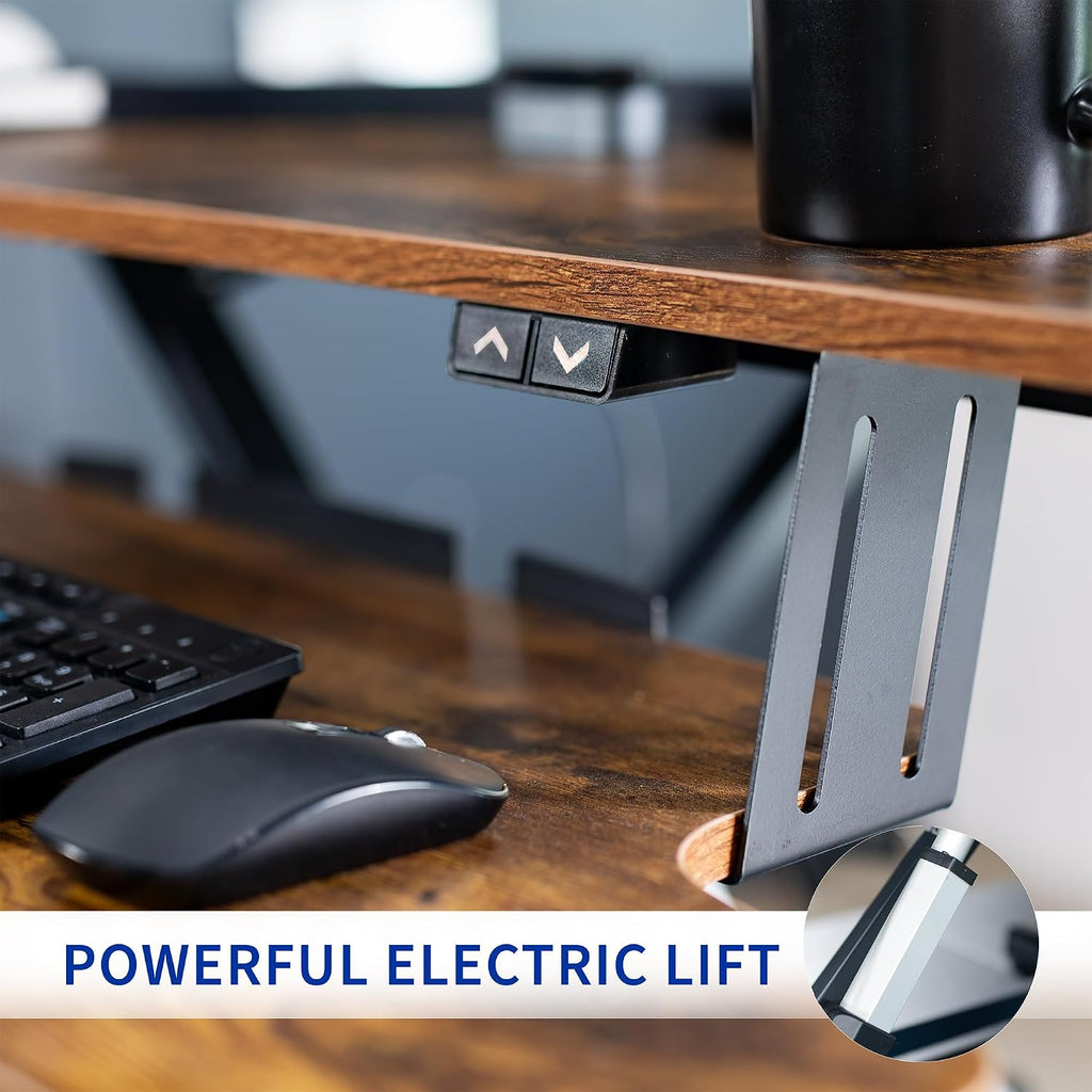 VIVO 36 inch Electric Motor Desk Converter, Height Adjustable Riser, Sit to Stand Dual Monitor and Laptop Workstation with Wide Keyboard Tray, Vintage Brown, DESK-VE36N