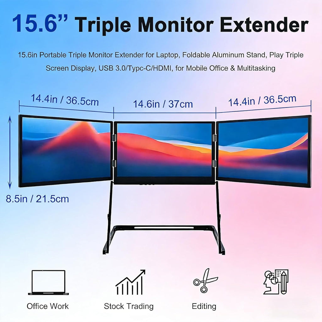 Triple 15.6 Pro Max 3 Screen Monitor, 1080p Tri Fold Monitor for Laptop Extender, Fhd Extended Laptop Screen Extenderwith 360° Rotation Adjustable Viewing Angles