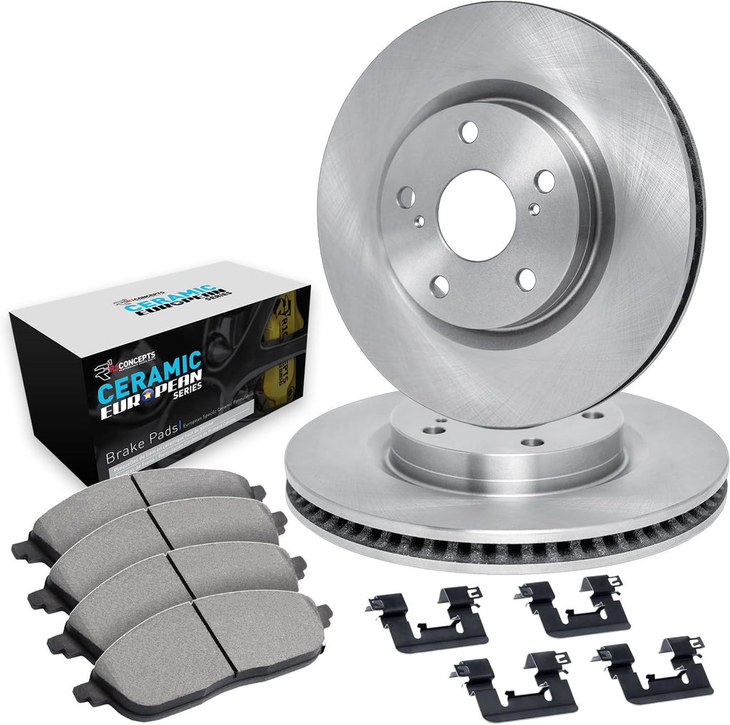 R1 Concepts Front Brake Kit Fits 2002-2006 Acura RSX; 2007-2010 Acura CSX; 2006-2011 Honda Civic| Euro Ceramic Pads, Blank Rotors| Hardware| 11.8' Front
