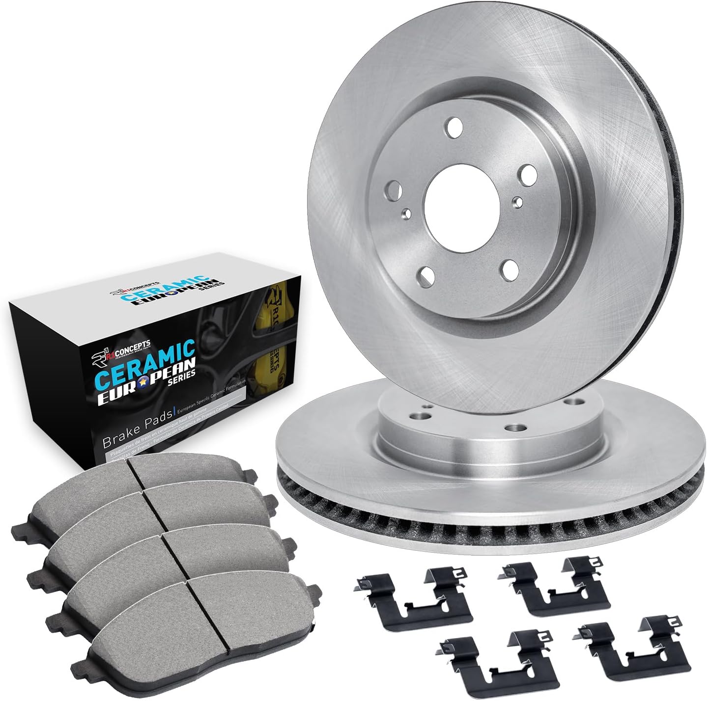 R1 Concepts Front Brake Kit Fits 2002-2006 Acura RSX; 2007-2010 Acura CSX; 2006-2011 Honda Civic| Euro Ceramic Pads, Blank Rotors| Hardware| 11.8' Front