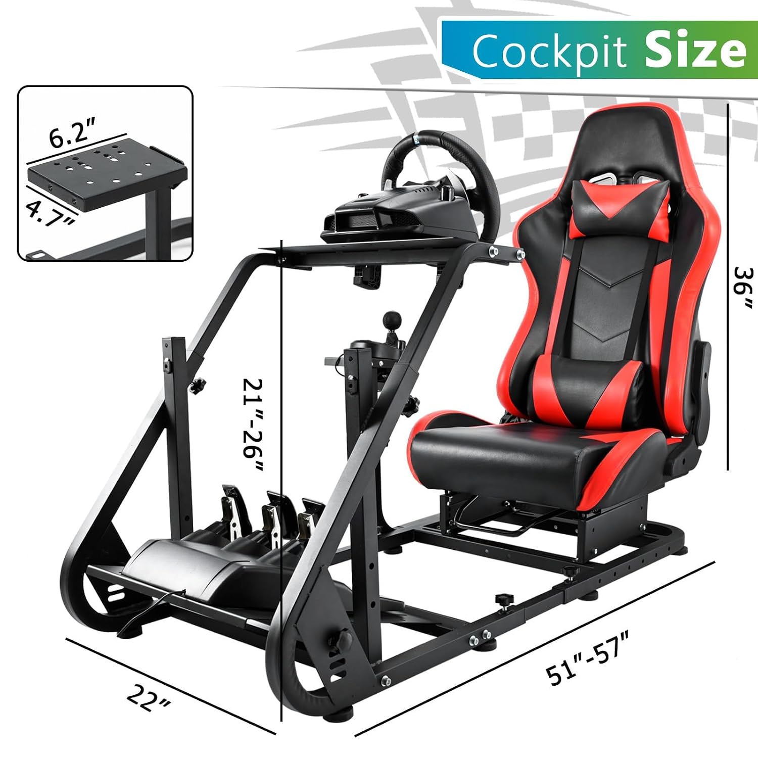 Hottoby Adjustable Racing Simulator Cockpit with Red Seat Fit for Logitech G920,for Thrustmaster,for Fanatec,Mountable Monitor Stand,Frame Double Arm Reinforcement,No Steering Wheel,Pedal & Handbrake