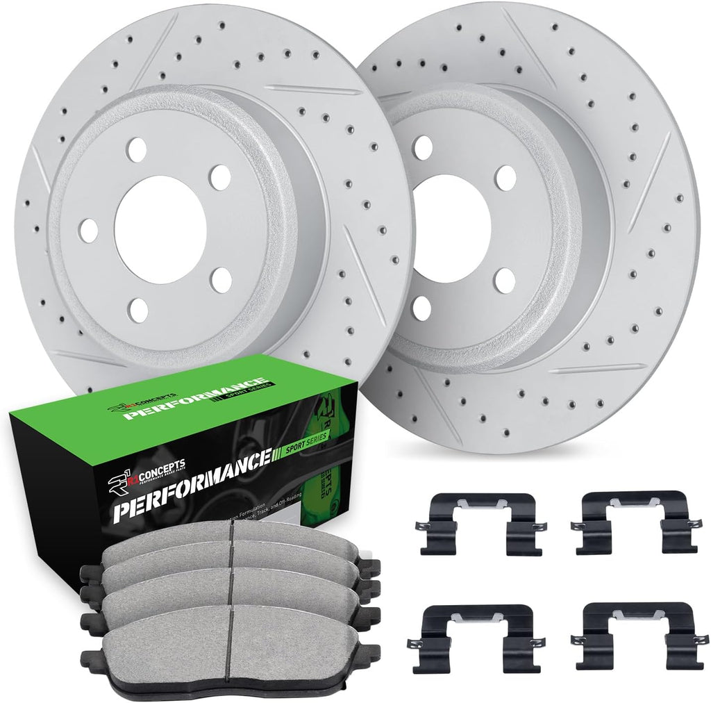 R1 Concepts Rear Brake Kit Fits 2006-2011 Acura CSX; 2013-2015 Acura ILX; 1997-2001 Honda Prelude; 2006-2015 Honda Civic| Performance Sport Pads, Drilled Slotted Rotors| Hardware| 10.2' Rear