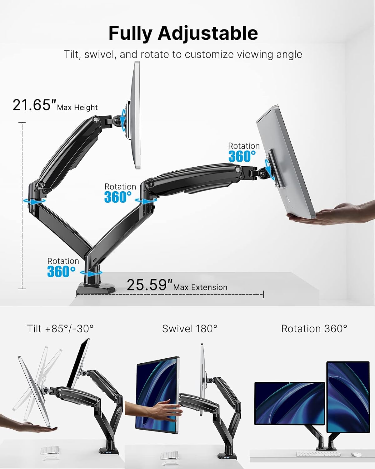 HUANUO Dual Monitor Stand for 13 to 35 inch, Steel Monitor Mount Reinforcement Plate for Thin, Glass and Other Fragile Tabletop