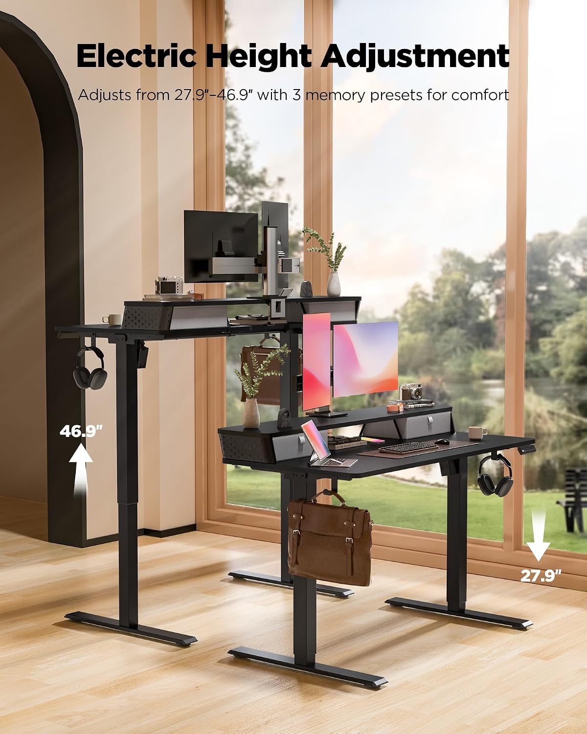 FiCiHi 40x24 Inch Standing Desk with Drawers, C-Clamp Mount Compatible, Electric Adjustable Height Computer Small Stand Up Desks, Home Office Sit Stand Table with 3 Preset Heights, Black
