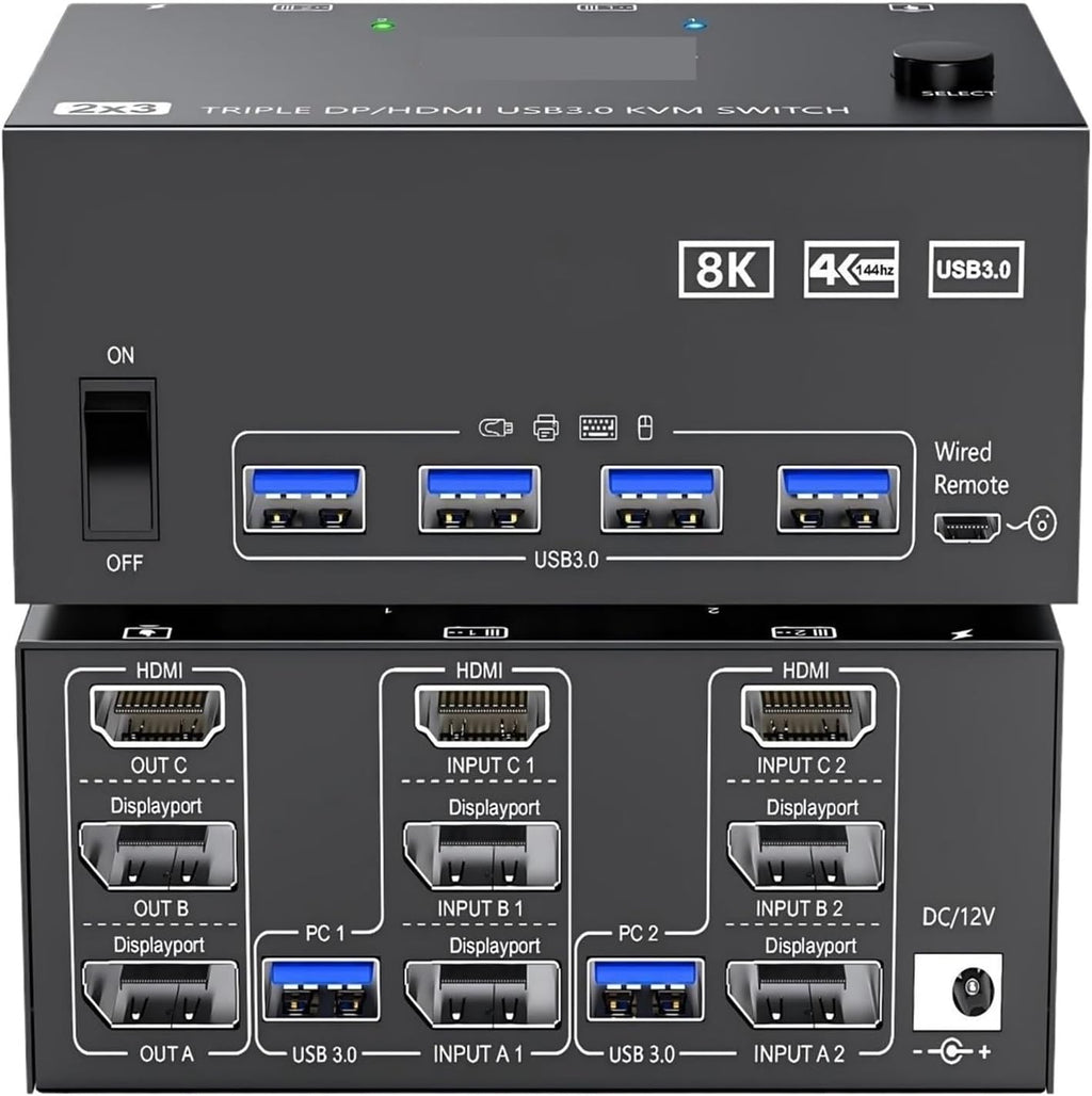 8K Triple Monitor KVM Switch 3 Monitors 2 Computers, 2 Displayport + HDMI USB3.0 KVM Switch with 4 USB 3.0 Port for Keyboard(203DH-1)