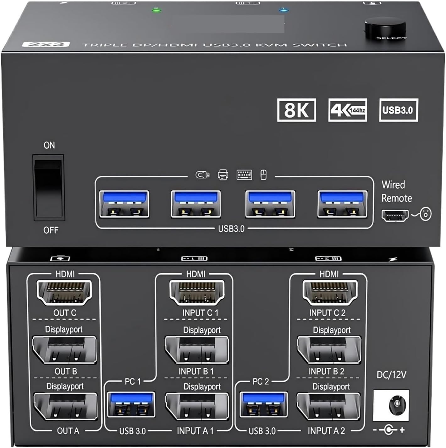 8K Triple Monitor KVM Switch 3 Monitors 2 Computers, 2 Displayport + HDMI USB3.0 KVM Switch with 4 USB 3.0 Port for Keyboard(203DH-1)