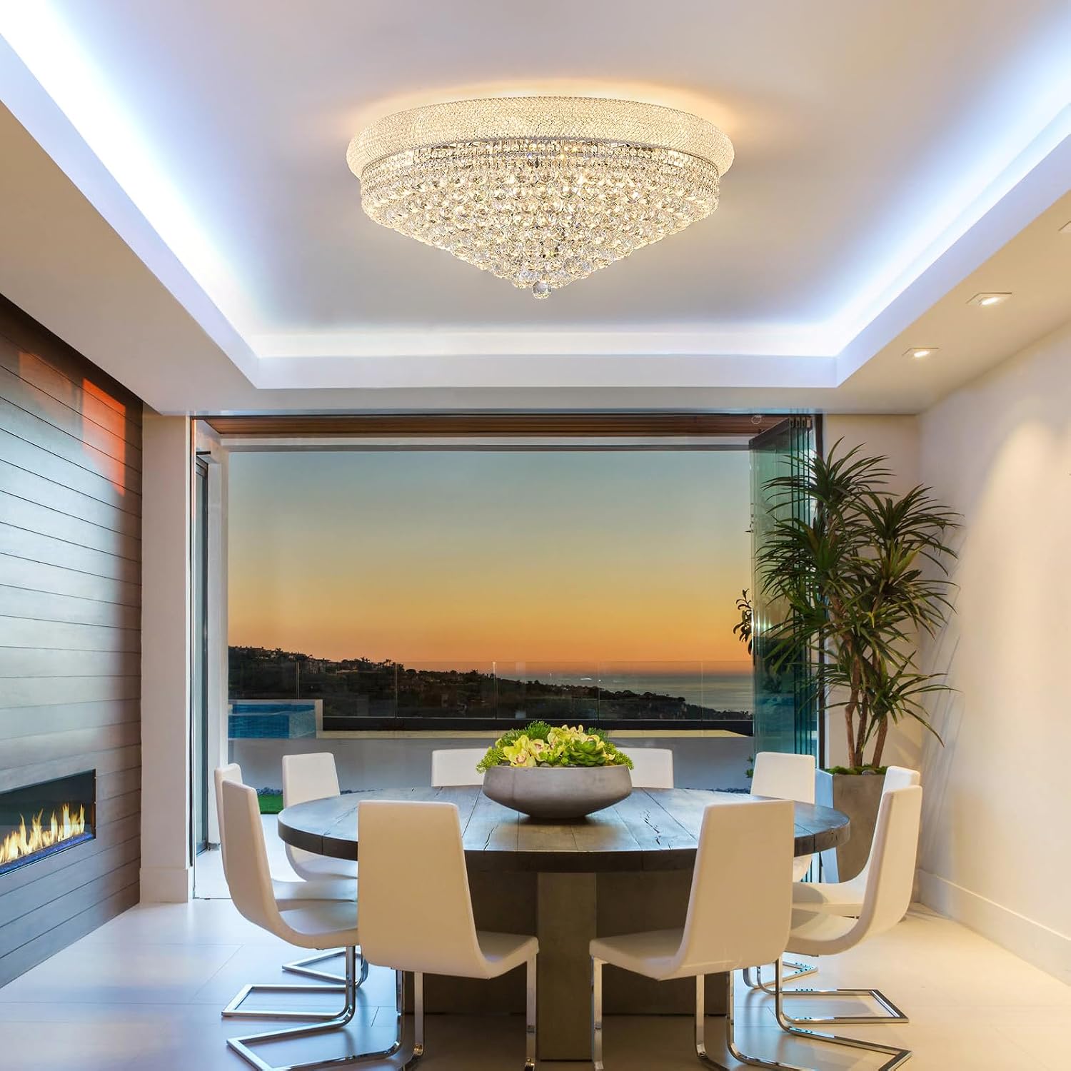 18 - Light Crystal Flush Mount Chandelier Ceiling Light Fixture for Living Room Dining Room Entryway Foyer Chrome Finish