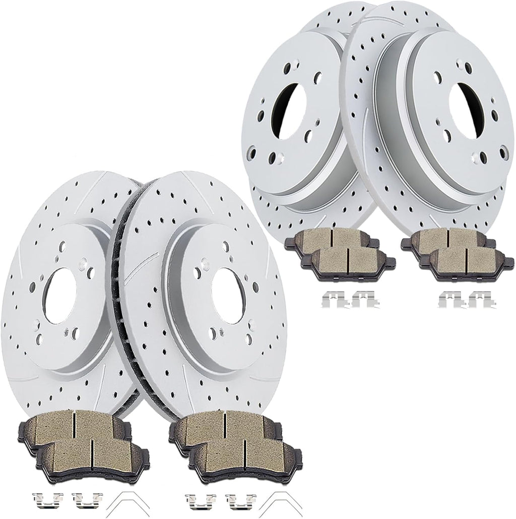 Front and Rear Disc Rotors Ceramic Brake Pads Drilled and Slotted Brake Kit Replacement for Honda Odyssey 2005-2010