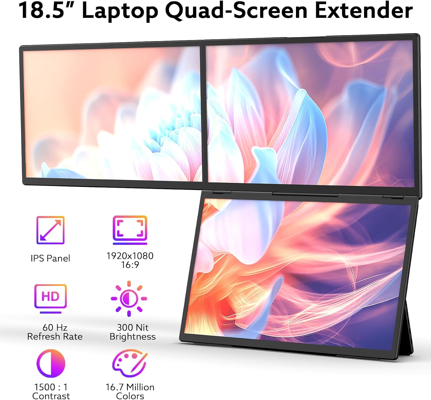 18.5'' Portable Triple Monitor, One Cable Laptop Screen Extender, FHD 1080P Quad Monitor, Built-in Stand Compatible with Windows Mac, Fits 10'-18' Laptops(Driver Need)