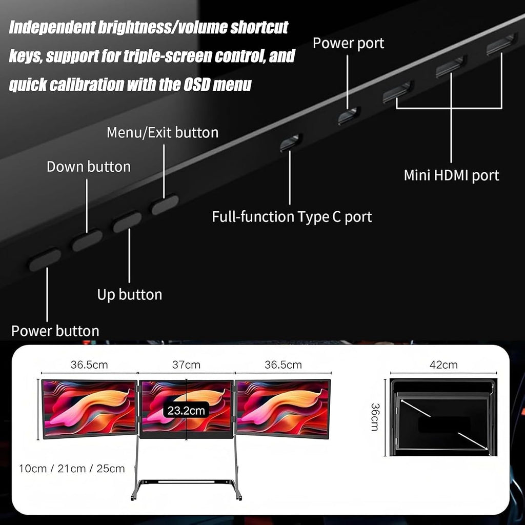 1080p 3-Screen Monitor for Laptop, 15.6'Laptop Tri-Fold Monitor, Portable Triple Monitors with 360° Rotation Adjustable Viewing Angles Compatible, HDMI/USB-C Plug n Play for Windows and Mac