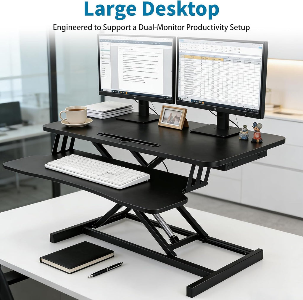 Standing Desk Converter, Height Adjustable Sit to Stand Riser, Dual Monitor and Laptop Workstation with Wide Keyboard Tray, Desk Lifter for Home Office