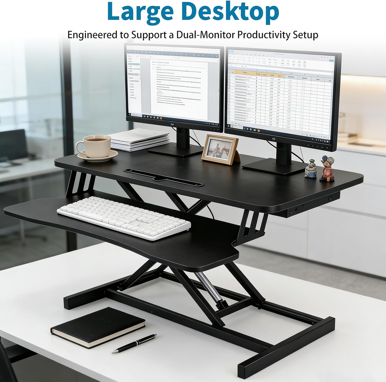 Standing Desk Converter, Height Adjustable Sit to Stand Riser, Dual Monitor and Laptop Workstation with Wide Keyboard Tray, Desk Lifter for Home Office