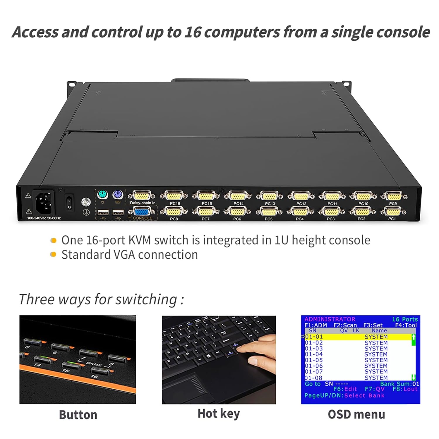 1U Rack Mount KVM Console Built-in 16 Port VGA KVM Switch, 19' Rackmount Monitor, Keyboard and Touchpad,OSD/Hotkey/Button Switching,1280X1024@60Hz, 5:4 Aspect Ratio,Incl. VGA KVM Cables, Fits 19' Rack