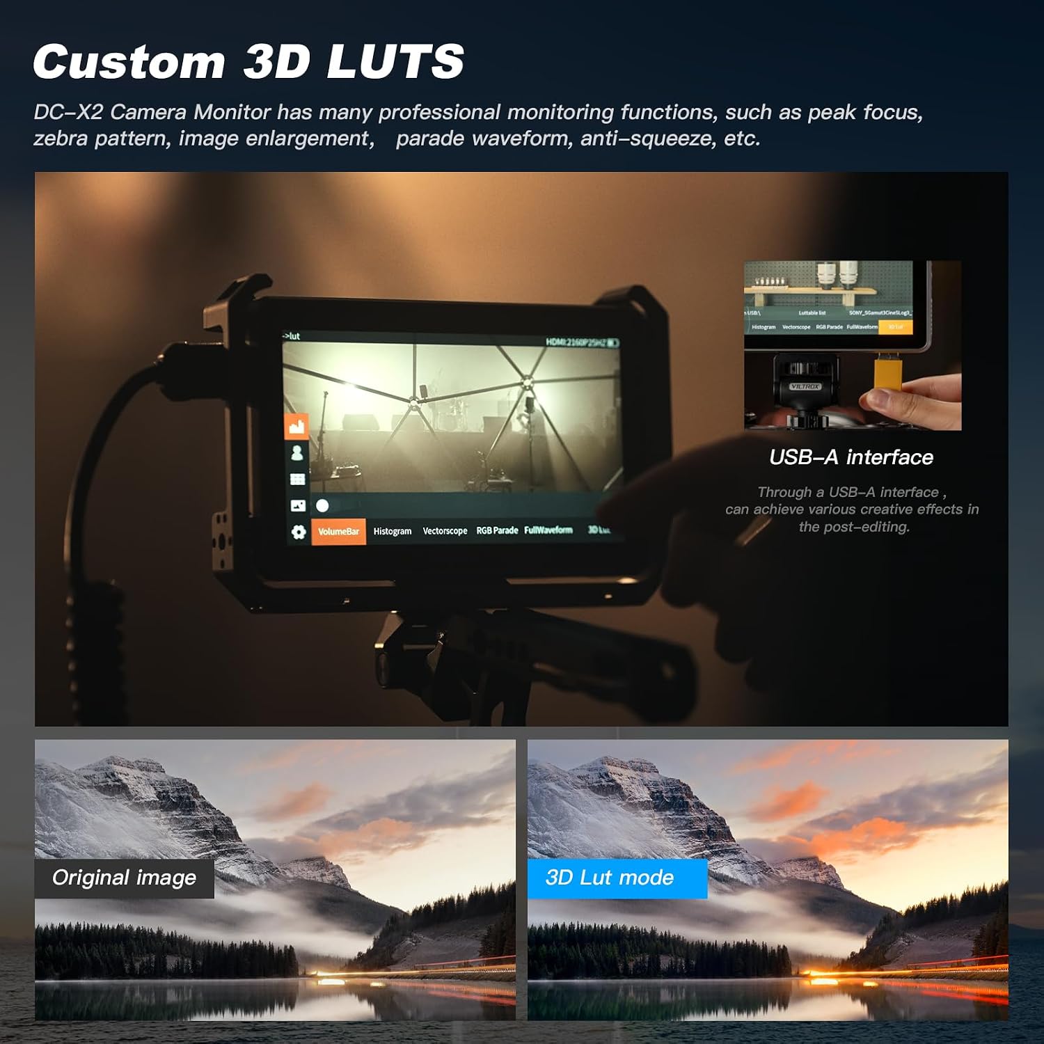 VILTROX DC-X2 6 inch Touchscreen Camera Field Monitor 4K HDMI Video Monitor with Sunshade Hood/Battery 2000nits 160°Wide View Angle 1920X1080 3D LUT Peaking Focus Assist Monitor