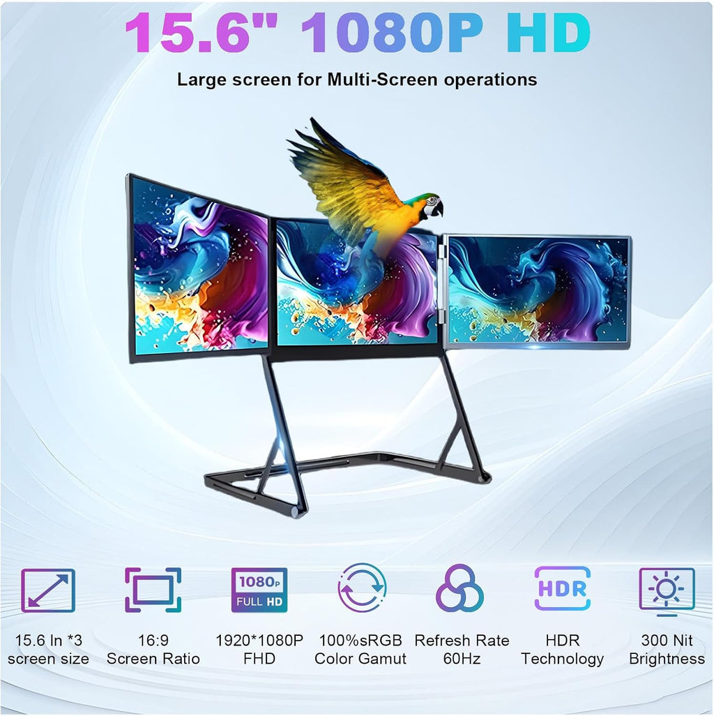 15.6' Laptop Screen Extender Monitor Portable, 1080P FHD IPS Triple Screen Monitor for Laptops, Just 1 Cable for 3 Screens, Laptop Extender Compatible with 360° Rotation with Wins/Mac