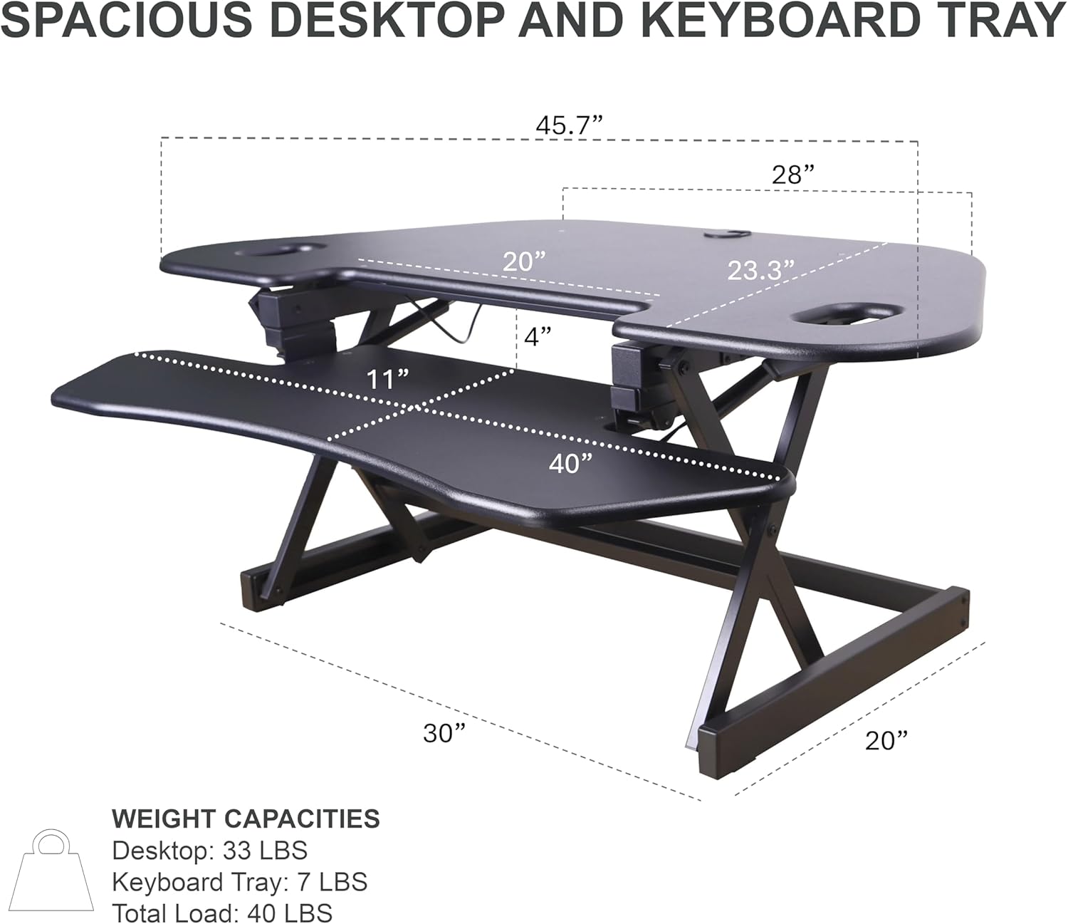 Rocelco 46' Height Adjustable Corner Standing Desk Converter with AC Outlet USB Charger and Dual Stand - Tabletop Computer Riser Workstation - Large Keyboard Tray - Black (R CADRB-46-ACUSB-DMS)