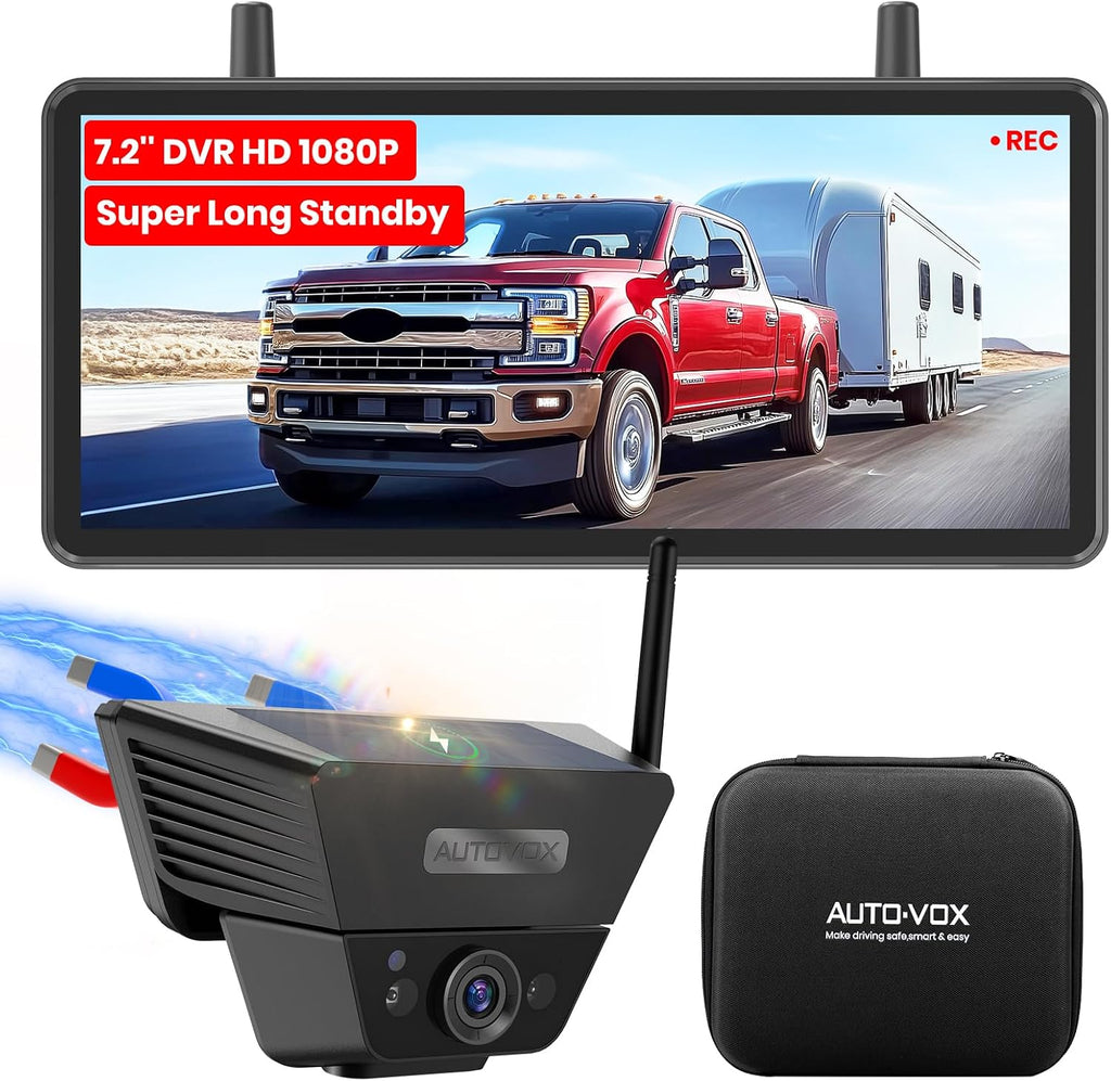 AUTO VOX Wireless Backup Camera Solar Magnetic: with 7.2' DVR 1080P 2 Split Recording Monitor, Dual Antenna Stable Signal,IP69K & 1-Min Install,HD IR Night Vision for Truck, Trailer, RV, Camper