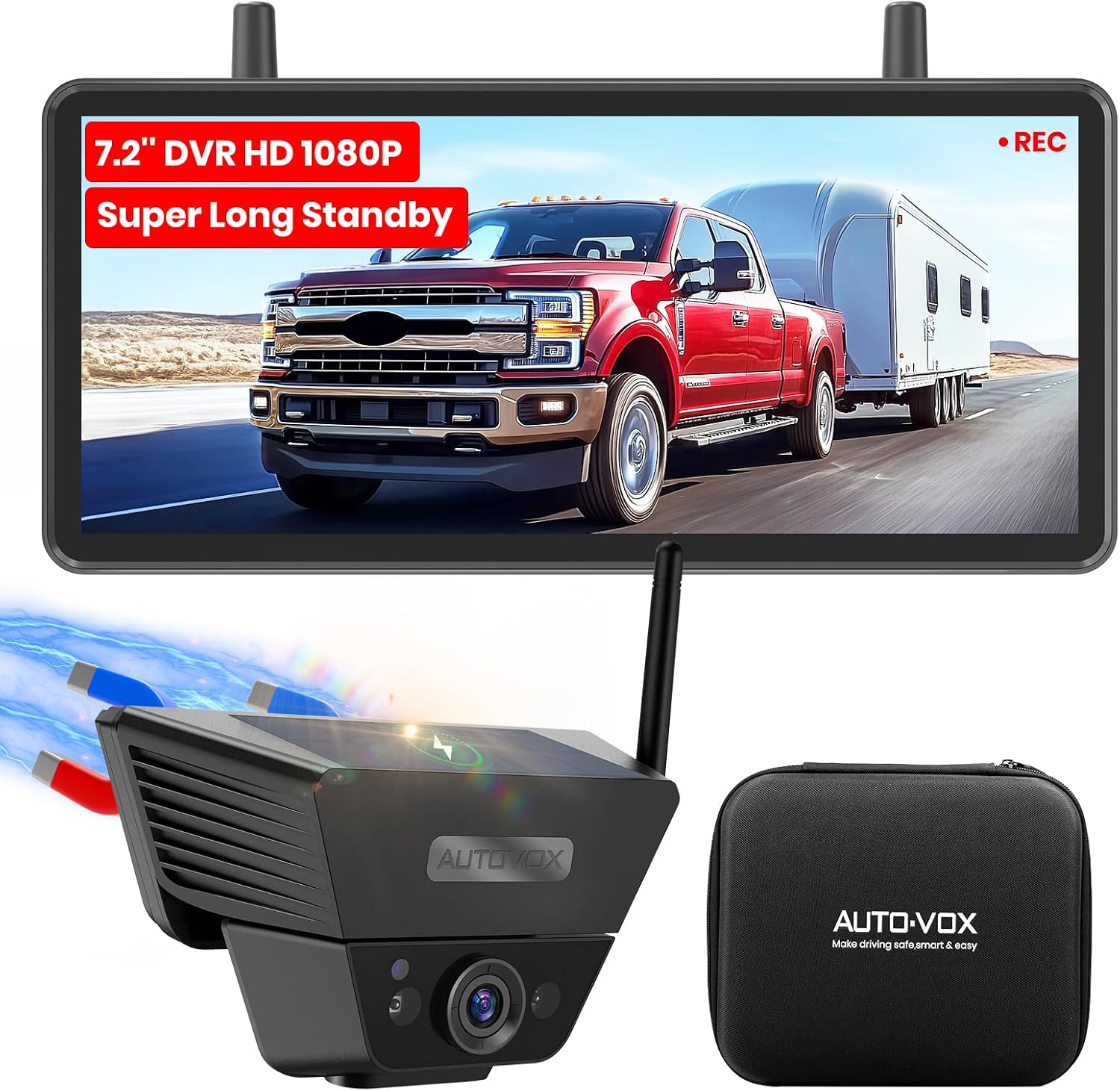 AUTO VOX Wireless Backup Camera Solar Magnetic: with 7.2' DVR 1080P 2 Split Recording Monitor, Dual Antenna Stable Signal,IP69K & 1-Min Install,HD IR Night Vision for Truck, Trailer, RV, Camper