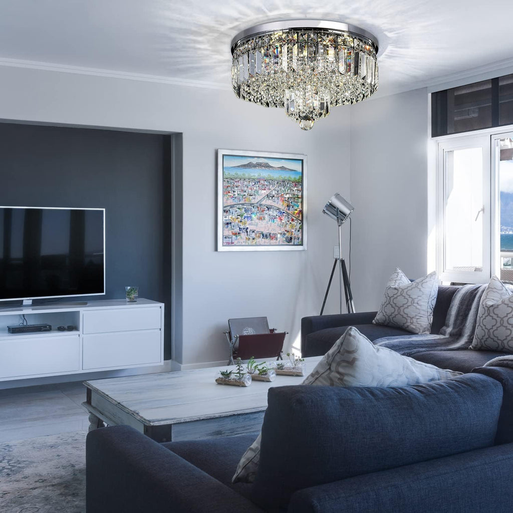 Modern Crystal Chandeliers 6-Light Crystal Ceiling Light Fixtures Flush Mount Round Light Fixture for Living Room Bathroom Kitchen, H9.8'' x Dia16''