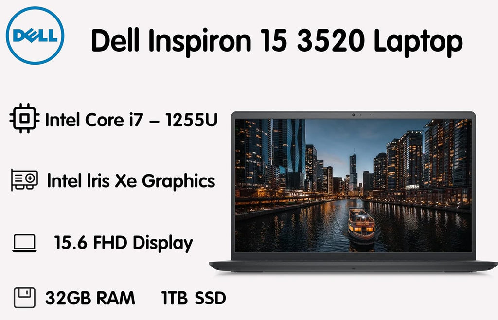 Dell Inspiron 15.6 Inch FHD Business Laptop, Intel Core i7-1255U, 32GB RAM, 1TB SSD, Windows 11 Pro, Backlit Keyboard, Webcam, WiFi, Carbon Black