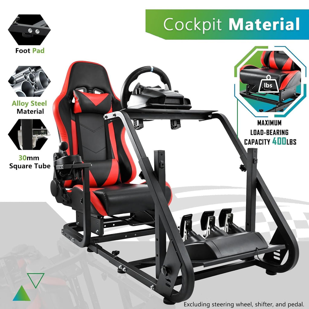 Hottoby Adjustable Racing Simulator Cockpit with Red Seat Fit for Logitech G920,for Thrustmaster,for Fanatec,Mountable Monitor Stand,Frame Double Arm Reinforcement,No Steering Wheel,Pedal & Handbrake