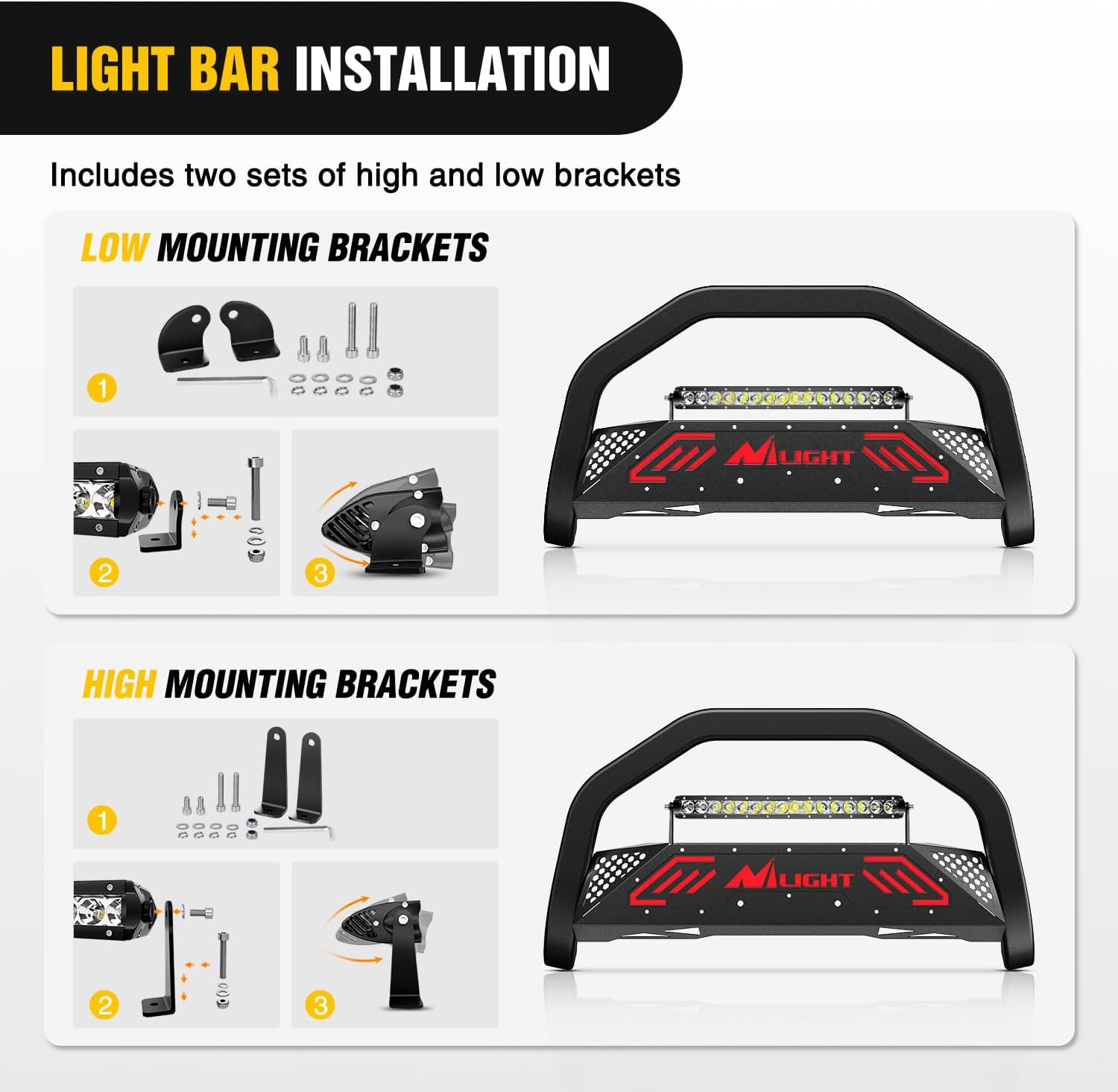 Nilight Bull Bar with Light Bar&License Plate Hole Compatible with Toyota Tacoma 2005-2015 Truck Brush Guard, Front Bumper Push Bar w/Grille Skid Plate Light Mount