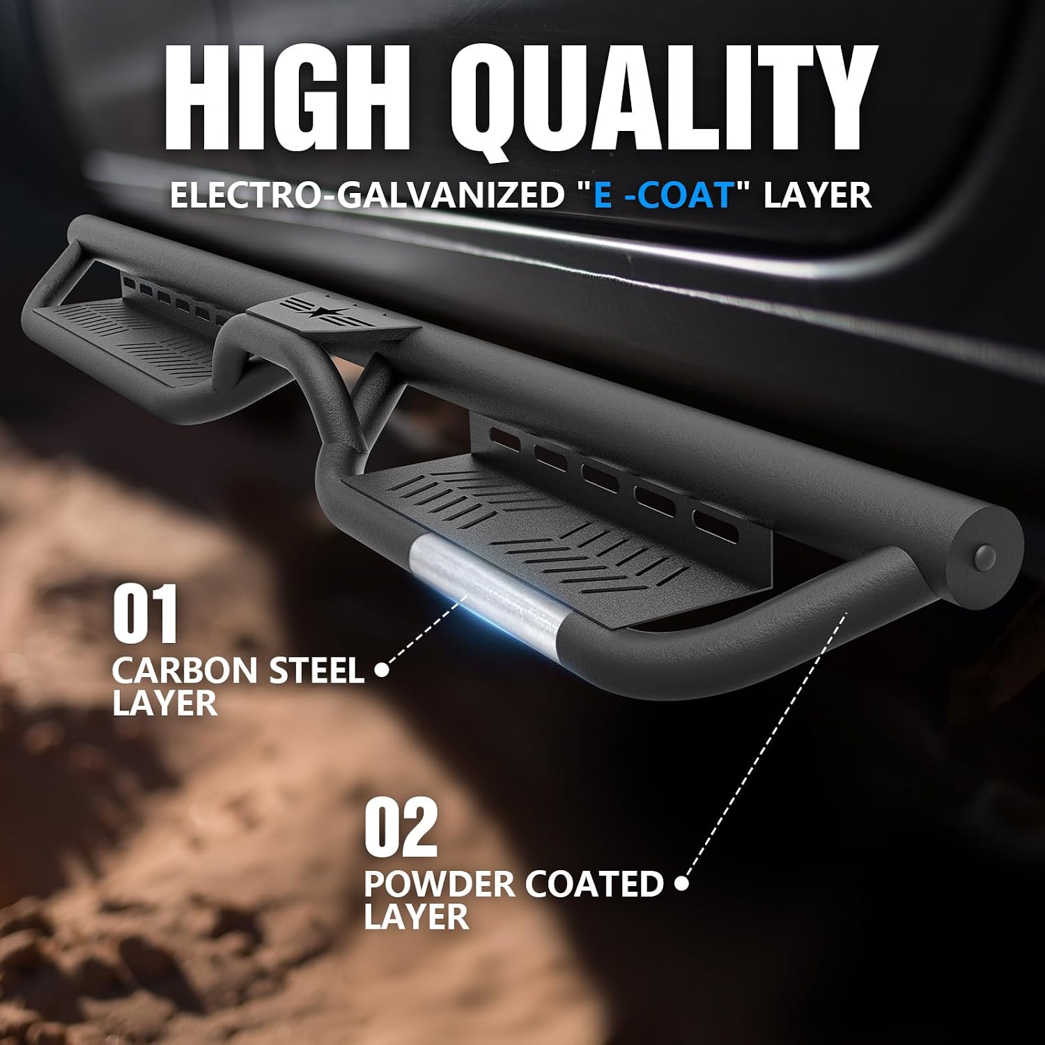 Running Boards Compatible with 2020-2026 Jeep Gladiator JT 4 Doors, Two Stairs Design Side Steps Heavy-Duty Steel Nerf Bars Bolt-on Step Plates RockSliders Rail
