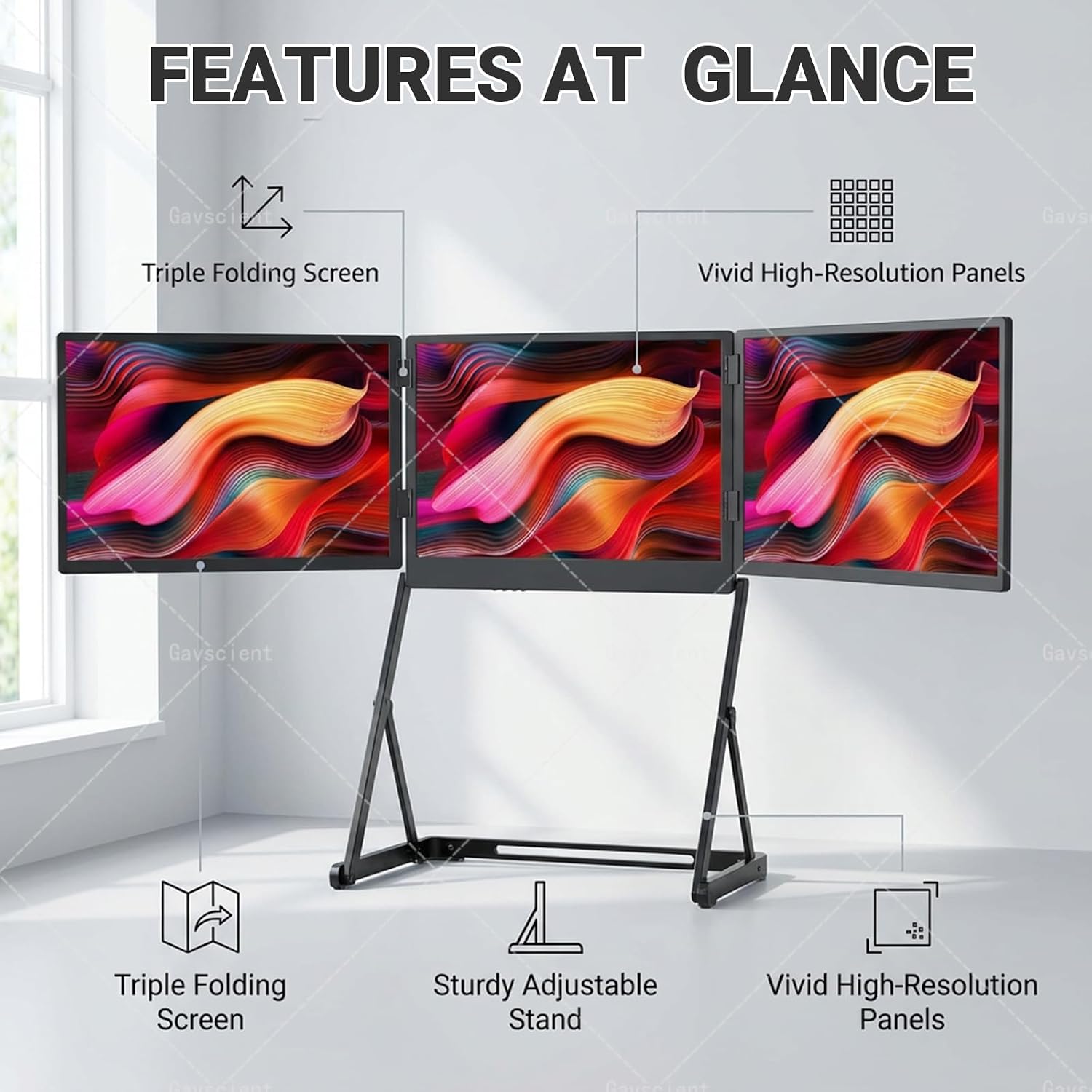Triple Screen Extender for Laptop, 15.6' FHD 1080P IPS Portable Foldable Monitor, HDMI/USB-C Pl-UG N Play, 12-18.5in Laptop Fit, 16:10 Ratio, One Cable.
