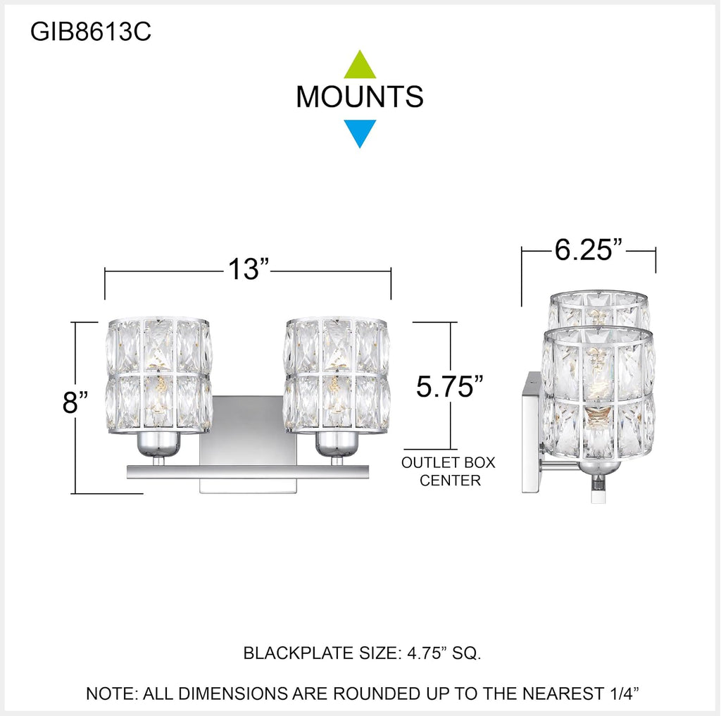 Quoizel Gibson Bath Vanity Lights, 13 Inch 2-Light Polished Chrome Bathroom Lighting Fixtures Over Mirror, Clear Beveled Crystal Shade, Contemporary Wall Mount Light for Bathrooms, Kitchen or Hallway