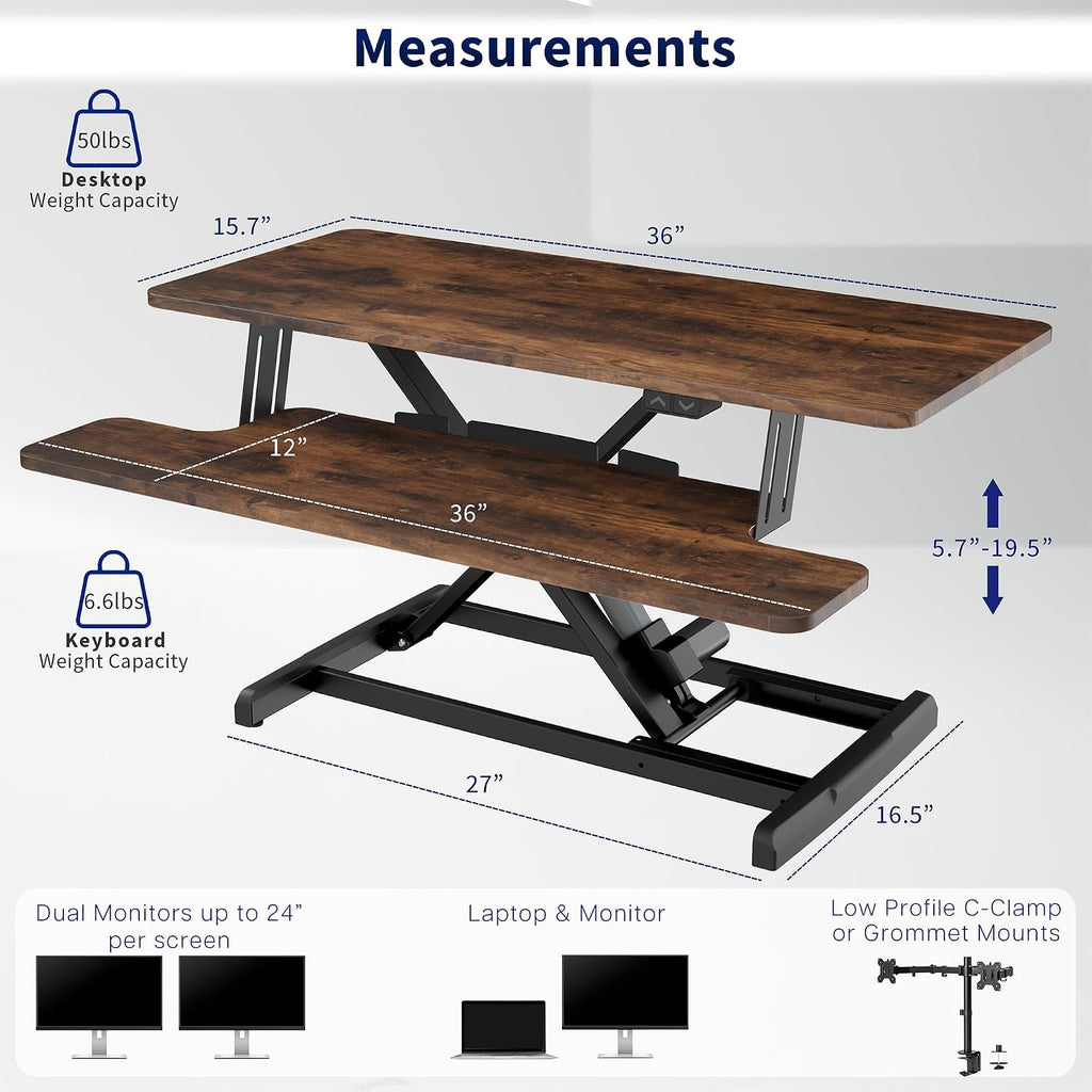 VIVO 36 inch Electric Motor Desk Converter, Height Adjustable Riser, Sit to Stand Dual Monitor and Laptop Workstation with Wide Keyboard Tray, Vintage Brown, DESK-VE36N