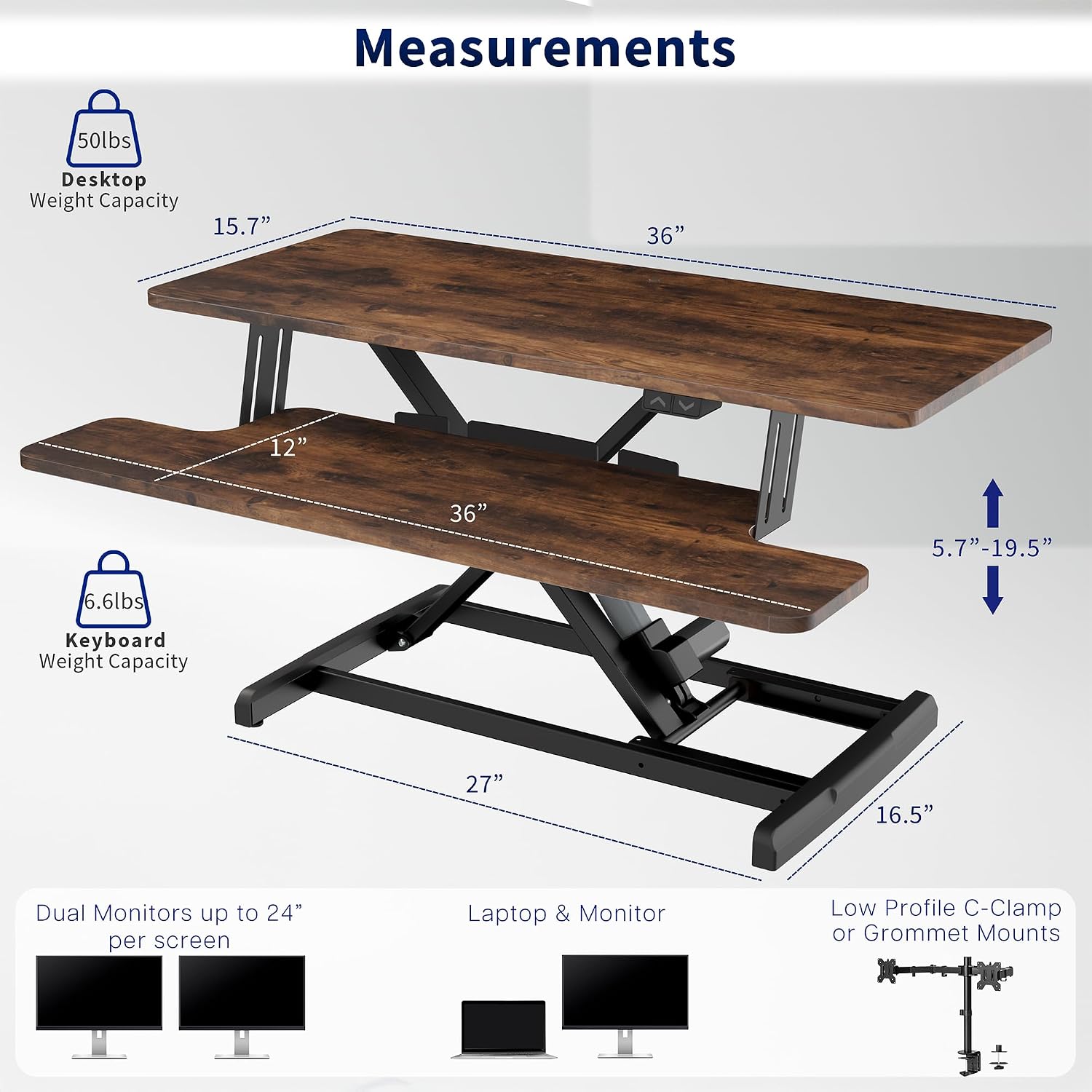 VIVO 36 inch Electric Motor Desk Converter, Height Adjustable Riser, Sit to Stand Dual Monitor and Laptop Workstation with Wide Keyboard Tray, Vintage Brown, DESK-VE36N