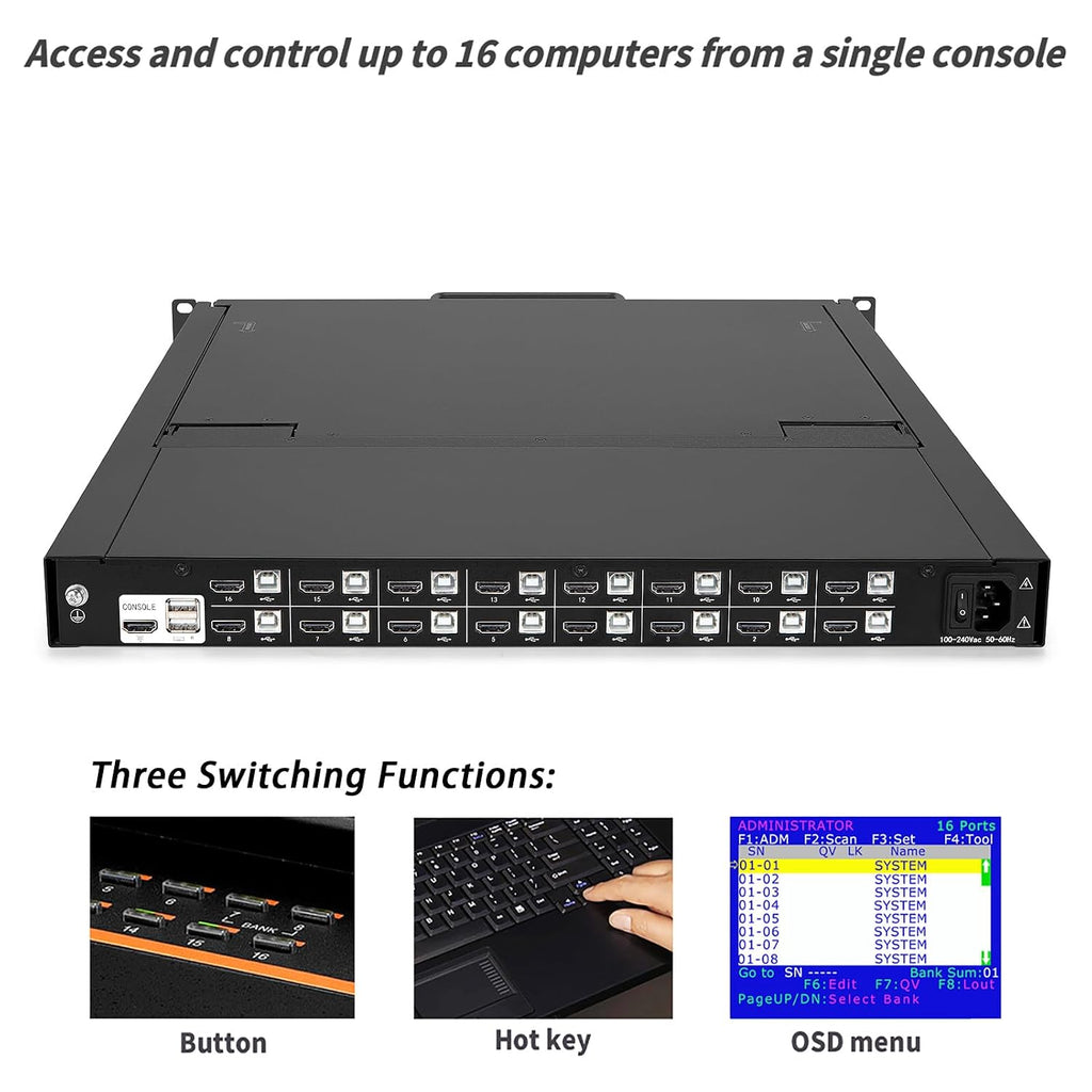 19-Inch Rackmount KVM Console, 1U Rack Mount Monitor and Keyboard HDMI 16 Port KVM Switch, OSD/Hotkey/Button Switching, Includes Cables, Compatible with Windows,Linux,Mac,Sun