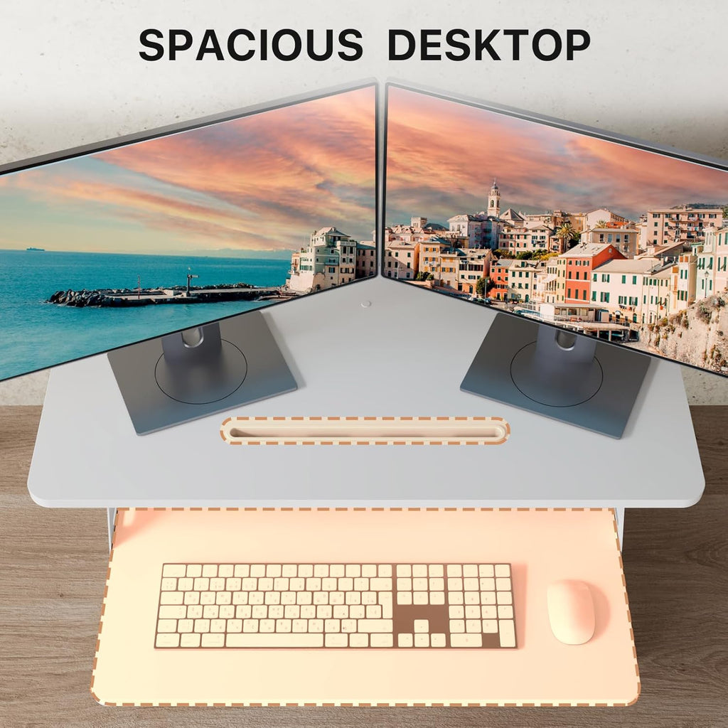JOY worker Standing Desk Converter, 32' Wide Height Adjustable Sit Stand Up Desk Riser with Keyboard Tray, Desktop Workstation Riser for Home Office Computer Laptop, Particle Board, White