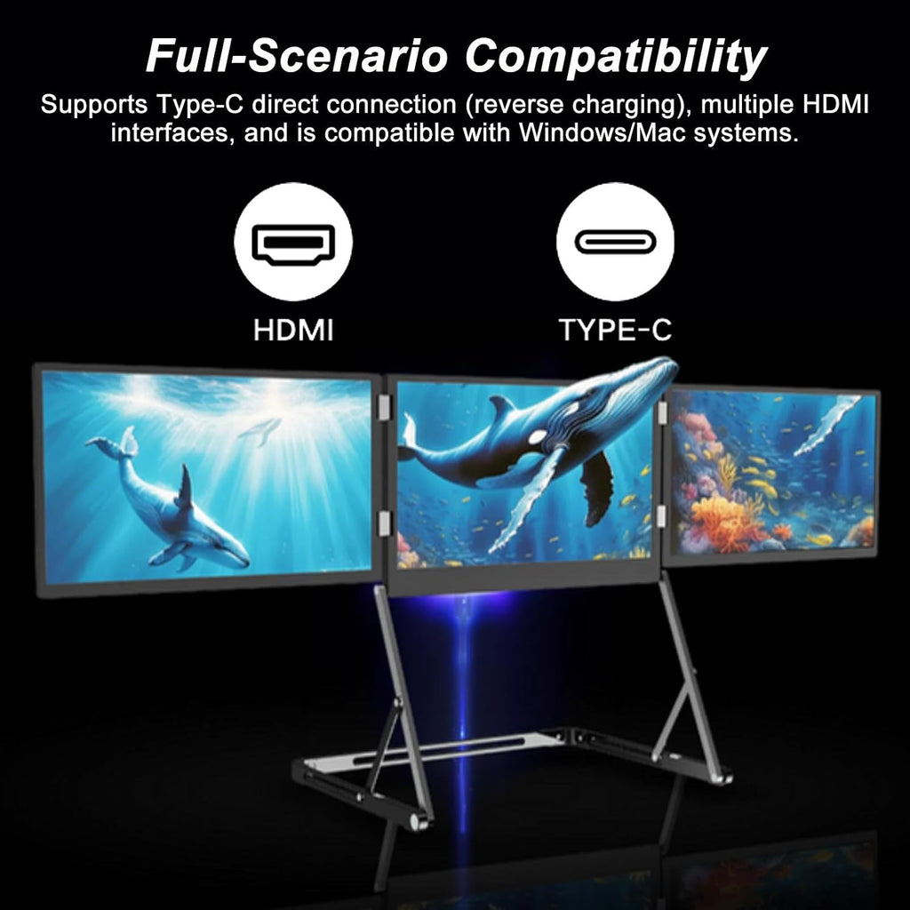 Laptop Monitor Extender with Adjustable Height, 15.6' Triple Portable Monitor for Laptop, Foldable IPS Screen, 100% sRGB, USB-C HDMI Connection, Includes Speakers